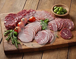 In this captivating image, a rustic wooden board serves as the canvas for a gourmet plate of meat.