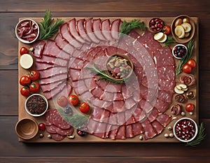 In this captivating image, a rustic wooden board serves as the canvas for a gourmet plate of meat.