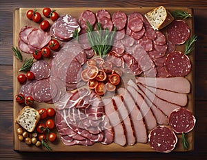 In this captivating image, a rustic wooden board serves as the canvas for a gourmet plate of meat.