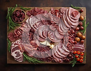 In this captivating image, a rustic wooden board serves as the canvas for a gourmet plate of meat.