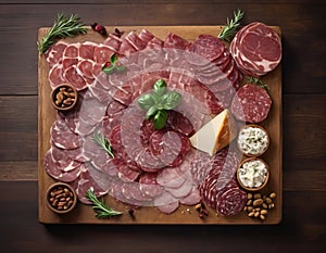 In this captivating image, a rustic wooden board serves as the canvas for a gourmet plate of meat.