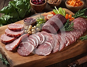 In this captivating image, a rustic wooden board serves as the canvas for a gourmet plate of meat.