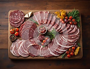 In this captivating image, a rustic wooden board serves as the canvas for a gourmet plate of meat.