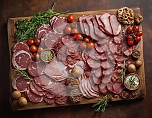 In this captivating image, a rustic wooden board serves as the canvas for a gourmet plate of meat.