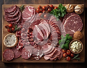 In this captivating image, a rustic wooden board serves as the canvas for a gourmet plate of meat.