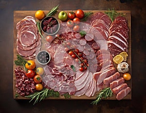 In this captivating image, a rustic wooden board serves as the canvas for a gourmet plate of meat.