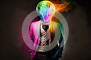 Businessman with colorful light bulb head concept on dark background