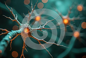 Close-up view of neurons with glowing synapses in a scientific illustration