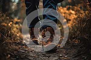 Conquering the Great Outdoors: Close-Up of Hiking Boot on Mountain Trail. Generative Ai.