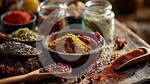 Vibrant Assortment of Spices and Herbs Displayed on Rustic Wooden Surface