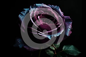 Ai Generative Beautiful dark purple rose with water drops on petals on black background