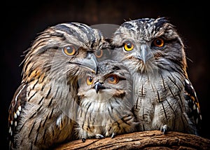 A Silhouetted Tawny Frogmouth Family Embraces the Night Stunning Wildlife Photography photo