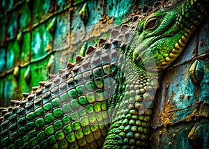 Exploring Urban Decay A Detailed Look at a Green CrocodileSkin Texture on an Abandoned Building Facade
