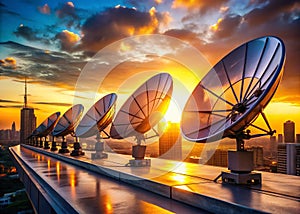 Modern Communication Infrastructure A Detailed View of Rooftop Satellite Dishes Capturing Global Signals