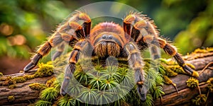 A Hairy Tarantula Perched on MossCovered Branch Exploring the Intricate World of Arachnids photo