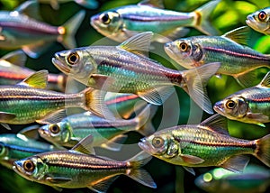 Sparkling School of Hemigrammus rhodostomus Iridescence and Bold Stripes in Aquarium Depths photo