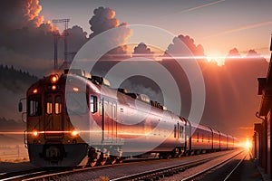 Splendid Motorized Train Gliding Along the Rails under a Sunset Sky with Dramatic Clouds. AI generated