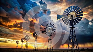 Dramatic PreHurricane Sky Silhouetted Windmills Rotating in Powerful Display of Sustainable Energy photo