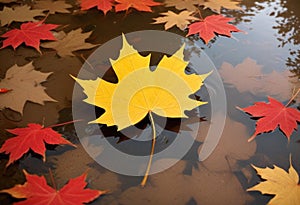 Floating Autumn Leaves: A Yellow Maple Leaf Among Red Companions in a Serene Pool photo