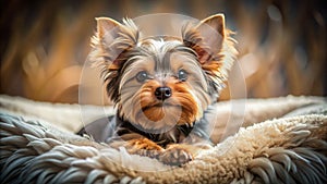A Tiny Yorkshire Terrier Puppy Belly Up Wagging Tail Enthusiastically on a Cozy Bed A Sweet and Adorable photo