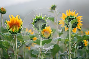 Sunflowers in Various Stages of Bloom Displayed in a Field photo