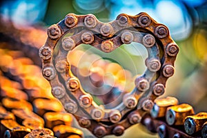 A Rusty Heart of Steel Vintage Bicycle Chain in a Natural Embrace Capturing the Beauty of Cyclings Past photo