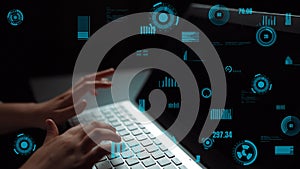 Futuristic Technology Concept With Hands on Laptop Keyboard and Virtual Interface Digital Elements Displayed on Screen