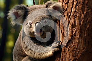A captivating image showcasing a koala up close, peacefully resting on a tree branch in its natural habitat, A koala clinging onto
