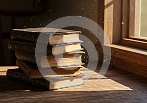 Stack of Antique Books in Sunlit Window