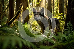 Stealthy Gray Wolf Prowling Through Dense Boreal Forest, Ferns, Moss-Covered Trees, Dappled Sunlight