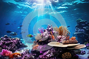 A captivating image of a vibrant underwater scene teeming with corals and an array of colorful fish, Vibrant underwater scene with