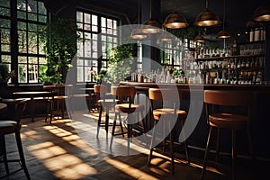 Captivating Interiors of a Modern Vintage CafÃ© Bar with a View of Lush Greenery Outside. created with Generative AI