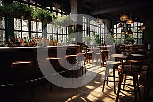 Captivating Interiors of a Modern Vintage CafÃ© Bar with a View of Lush Greenery Outside. created with Generative AI