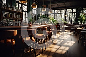Captivating Interiors of a Modern Vintage CafÃ© Bar with a View of Lush Greenery Outside. created with Generative AI