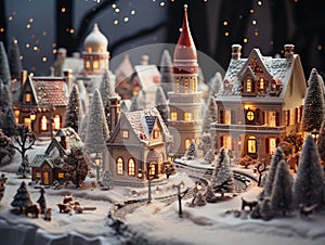 Enchanting Miniature Christmas Village in a Winter Wonderland. Generative Ai