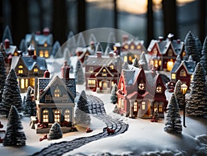 Enchanting Miniature Christmas Village in a Winter Wonderland. generative Ai