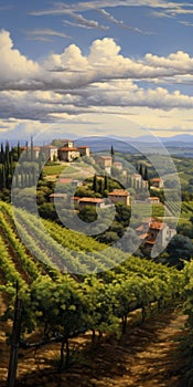 Captivating Italian Vineyard Landscape Painting In Meticulous Realism