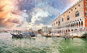 Captivating landscape of Riva degli Schiavoni with parked gondolas in Venice. Popular tourist destination