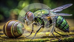 A Detailed Look at a Blow Fly Calliphoridae Infesting a Snail Macro Photography Reveals the Intricate Parasitism of photo