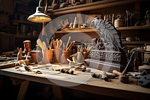 Intricate Woodworking Tools and Sculptures on Oak Workbench