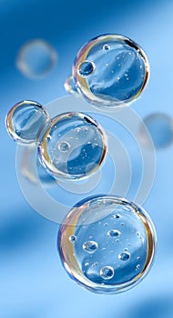 A captivating macro view of clear blue water bubbles rising creates mesmerizing abstract patterns