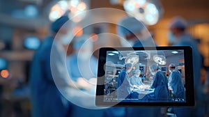 Captivating medium shot of a tablet showing live autobalancing of operatingroom cases using AI with a softly blurred
