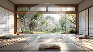 Captivating minimalist Japanese meditation hall with tatami wide open windows and stunning garden backdrop. Embracing simplicity
