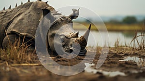 A Captivating Moment: White Rhino In Mud Near Water