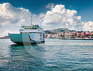 Captivating morning view of Lixouri port. Colorful spring seascape of Ionian Sea. Spectacular outdoor scene of Cephalonia island