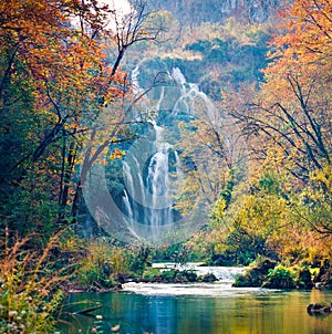 Captivating morning view of pure water waterfall in Plitvice National Park. Amazing autumn scene of Croatia, Europe. Abandoned pla