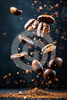 Captivating motion levitating roasted coffee beans on striking black background