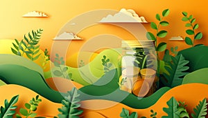 Creative Nature Inspired 3D Digital Art with Jar of Coins in Green and Orange Landscape photo