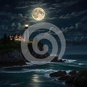 A captivating night scene lighthouse illustration