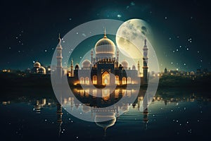A captivating night scene of a mosque illuminated by the full moon, Illustration of a mosque with a moon and its reflection in